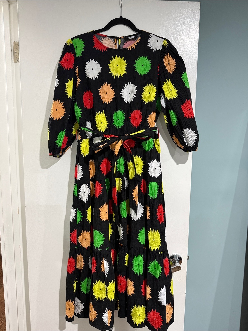 Kate Spade Pom Pom Floral Lawn Midi Dress Black Multi Belted XL - Picture 5 of 9